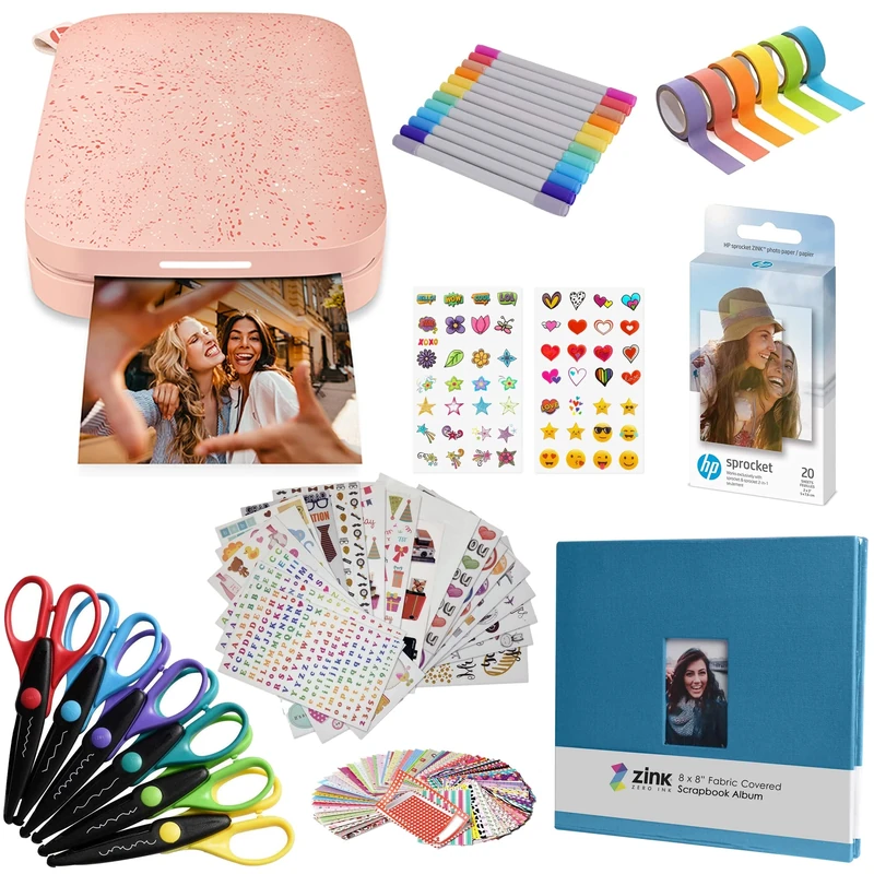 HP Sprocket Portable 2x3 Instant Photo Printer (Blush Pink) Bundle: Stickers, Markers, 20 Pack Zink Paper, Scrapbook, Stickers, Scissors