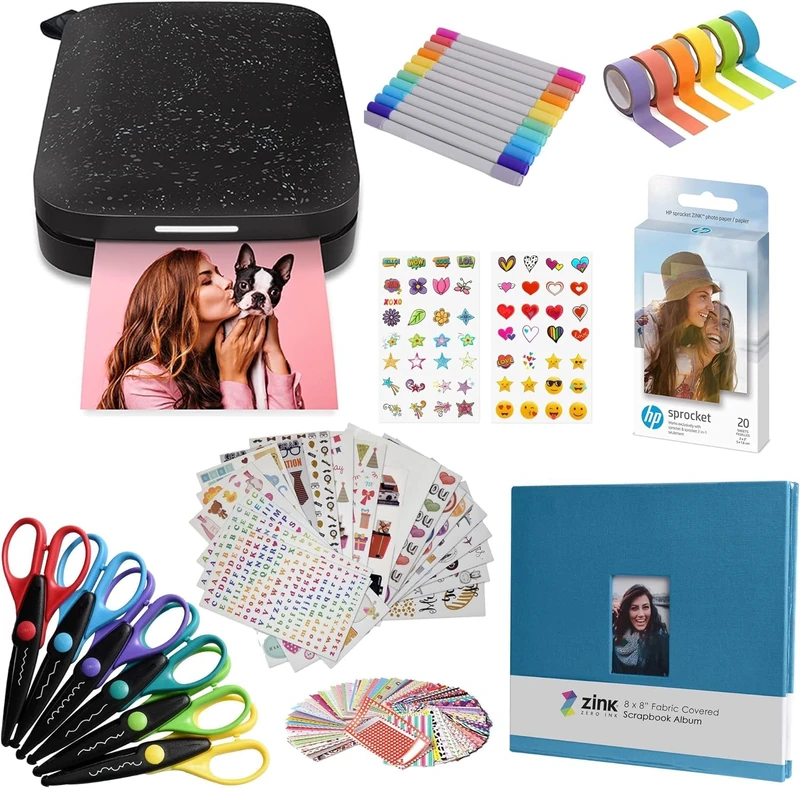 HP Sprocket Portable 2x3 Instant Photo Printer (Black Noir) Bundle: Stickers, Markers, 20 Pack Zink Paper, Scrapbook, Stickers, Scissors