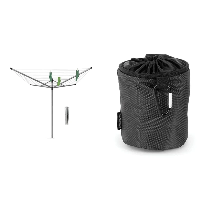Brabantia - Lift-O-Matic - 60 Metres of Clothes Line - Adjustable in Height & Premium Peg Bag - with Closing Cord - Durable and Weather Resistant - Black - 28 x 18 x 17.5 cm