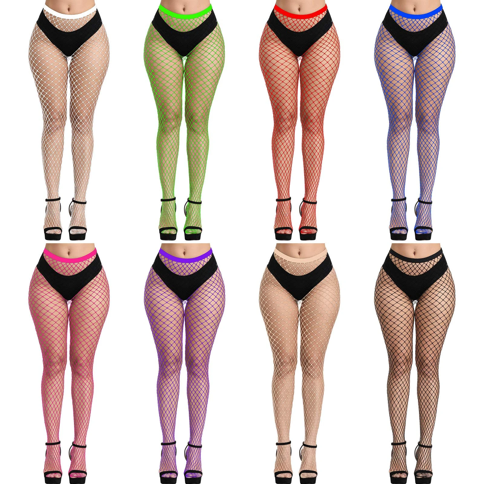 CHRORINE 8 Pcs Fishnet Stockings High Waist Tights 8 Color Fishnet Tights for Wome