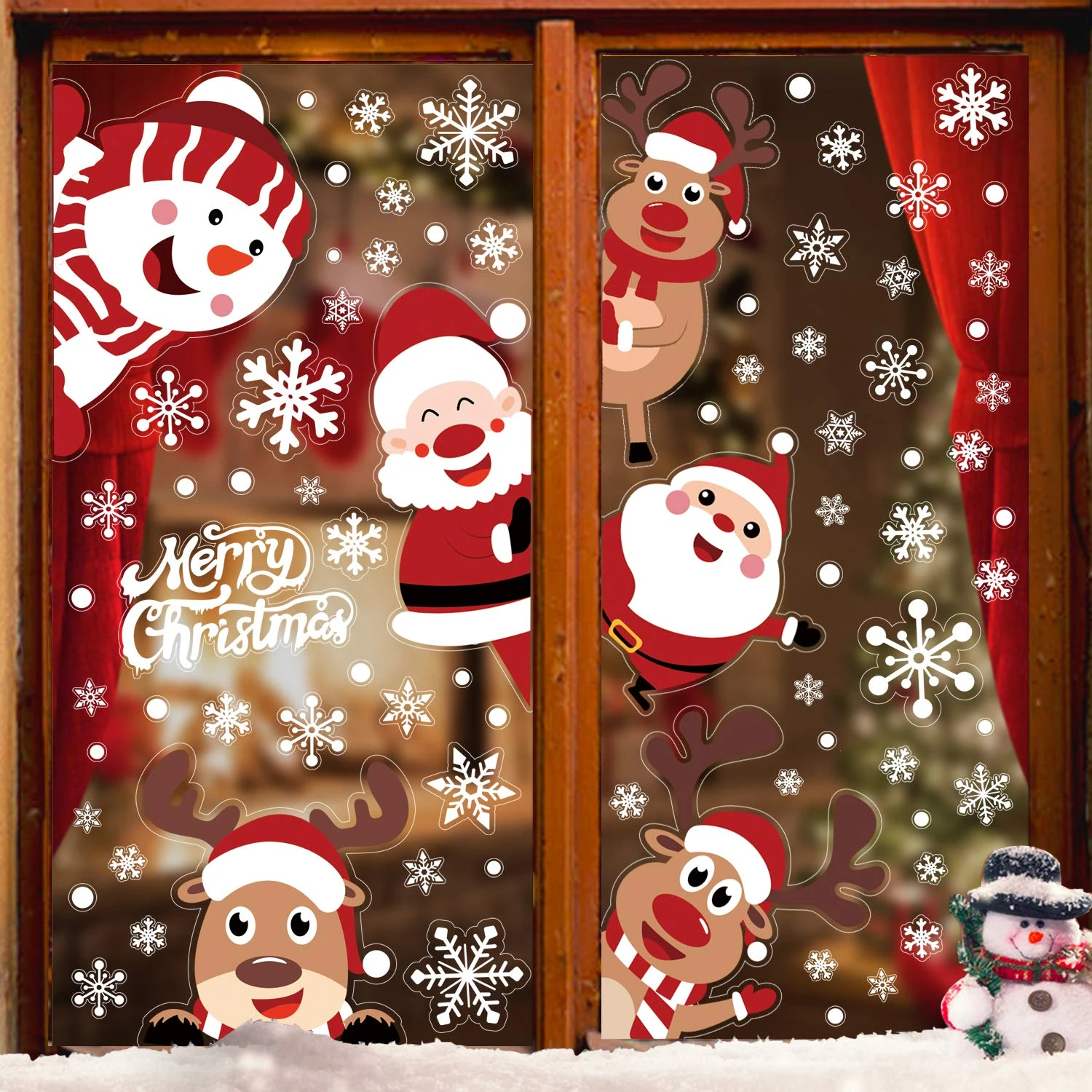 VEYLIN Christmas Window Cling, 6 Sheets Santa Rudolph Xmas Snowflake Window Stickers for Christmas Window Display
