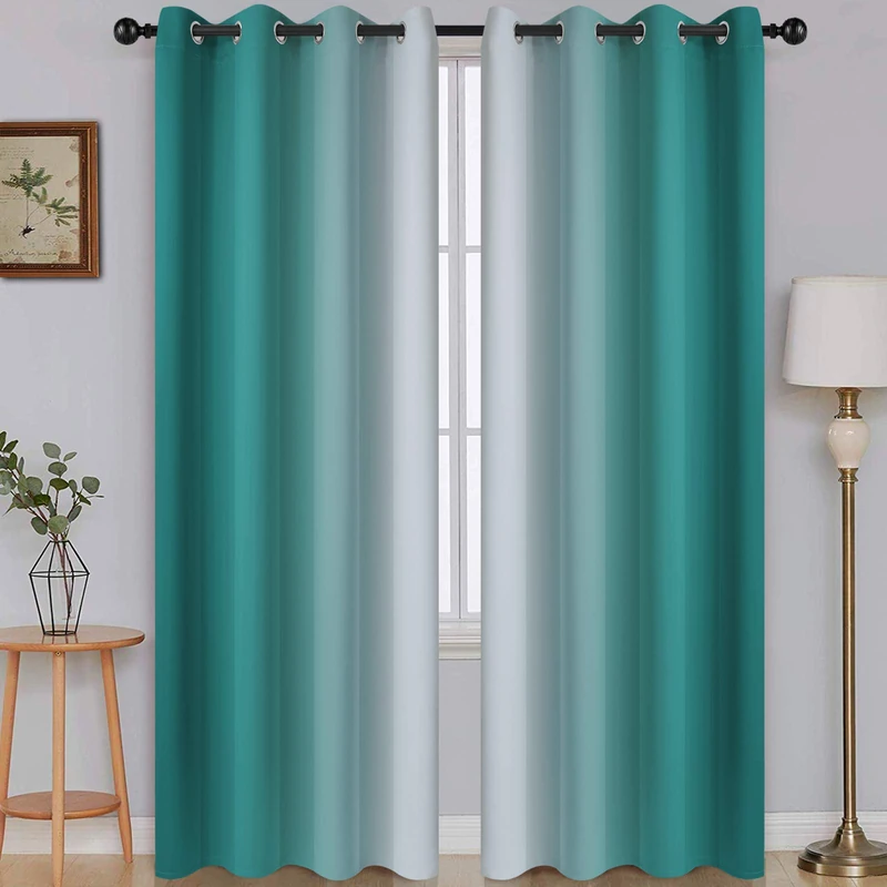 SimpleHome Ombre Room Darkening Curtains for Living Room, Light Blocking Gradient Teal to Greyish White Thermal Insulated Grommet Window Curtains/Drapes for Bedroom, 2 Panels, 52x84 inches Length