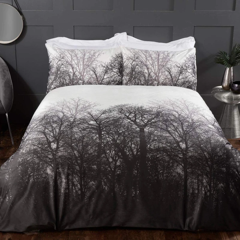 Sleepdown Forest Trees Serene Scene Printed Soft Cosy Velvet White Charcoal Grey Duvet Cover Quilt Bedding Set with Pillowcases - Double (200cm x 200cm)