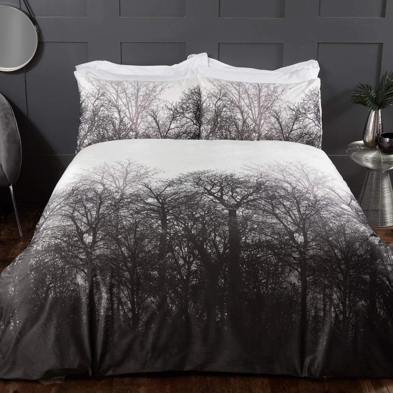 Sleepdown Forest Trees Serene Scene Printed Soft Cosy Velvet White Charcoal Grey Duvet Cover Quilt Bedding Set with Pillowcases - King (220cm x 230cm)
