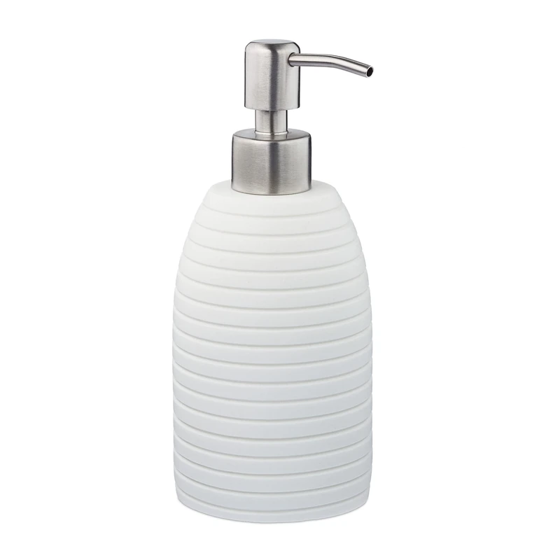 Relaxdays Soap Dispenser, 300 ml, Refillable, Bathroom, for Lotions & Shower Gel, Stainless Steel Pump, White