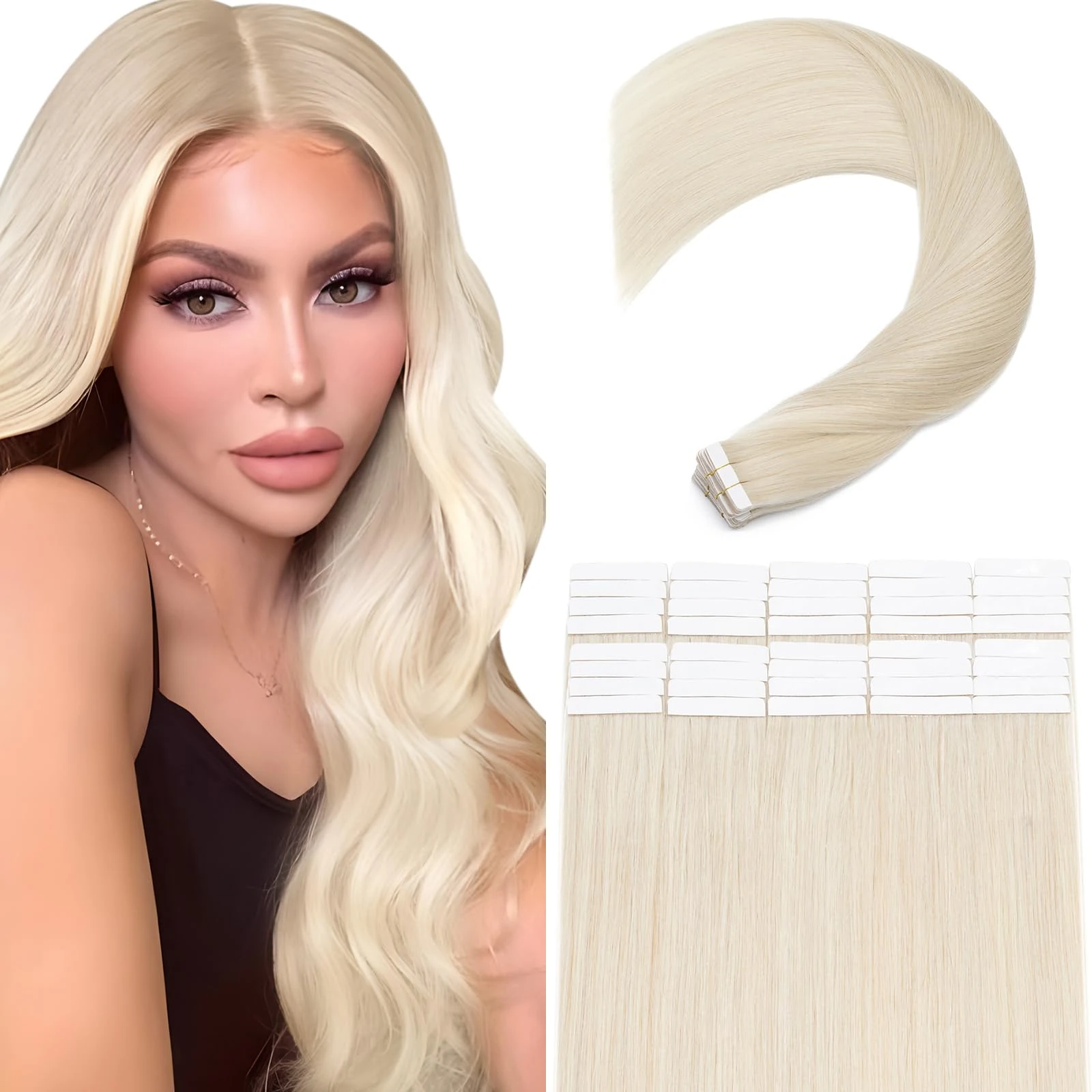 Elailite Tape in Hair Extensions Human Hair 40 PCS - Thick Volume 3g/pcs - 100% Real Natural Remy Hair (#70 Bleach White, 14 inches-120g)