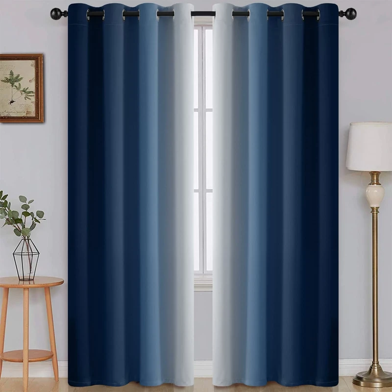 SimpleHome Ombre Room Darkening Curtains for Living Room, Light Blocking Gradient Blue to Greyish White Thermal Insulated Grommet Window Curtains/Drapes for Bedroom, 2 Panels, 52x84 inches Length