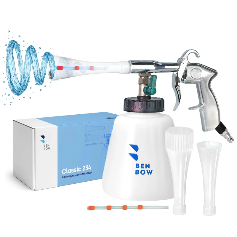 BenBow Classic Compressed Air Cleaning Gun – whirlwind effect for efficient dirt removal in car interiors – with 1-liter container, plastic nozzle, and brush nozzle