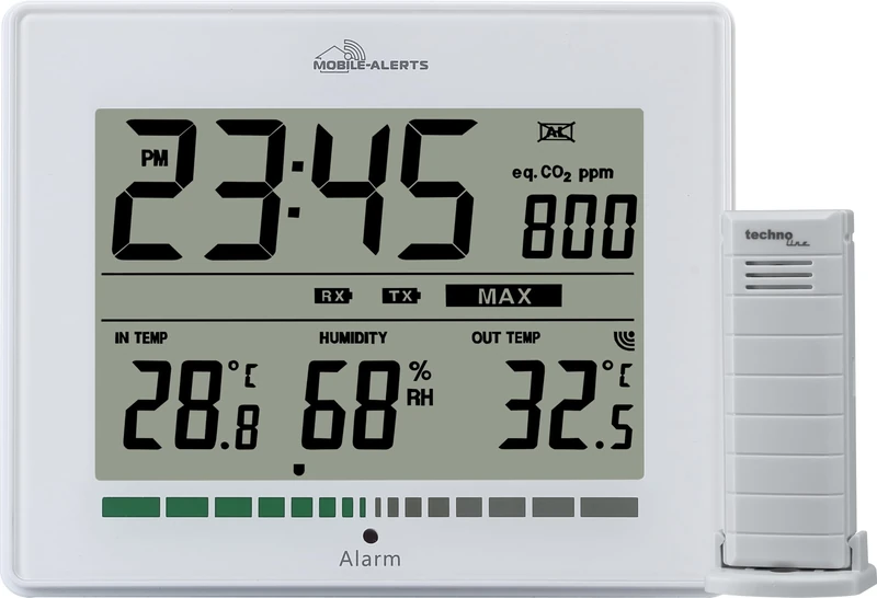 Technoline MA10402 Air Quality Monitor, Measures Air Quality, Alarm via LED for Poor PPM Value = Ventilation Recommendation, Temperature Display, Humidity Display, Mobile Alerts - Connection