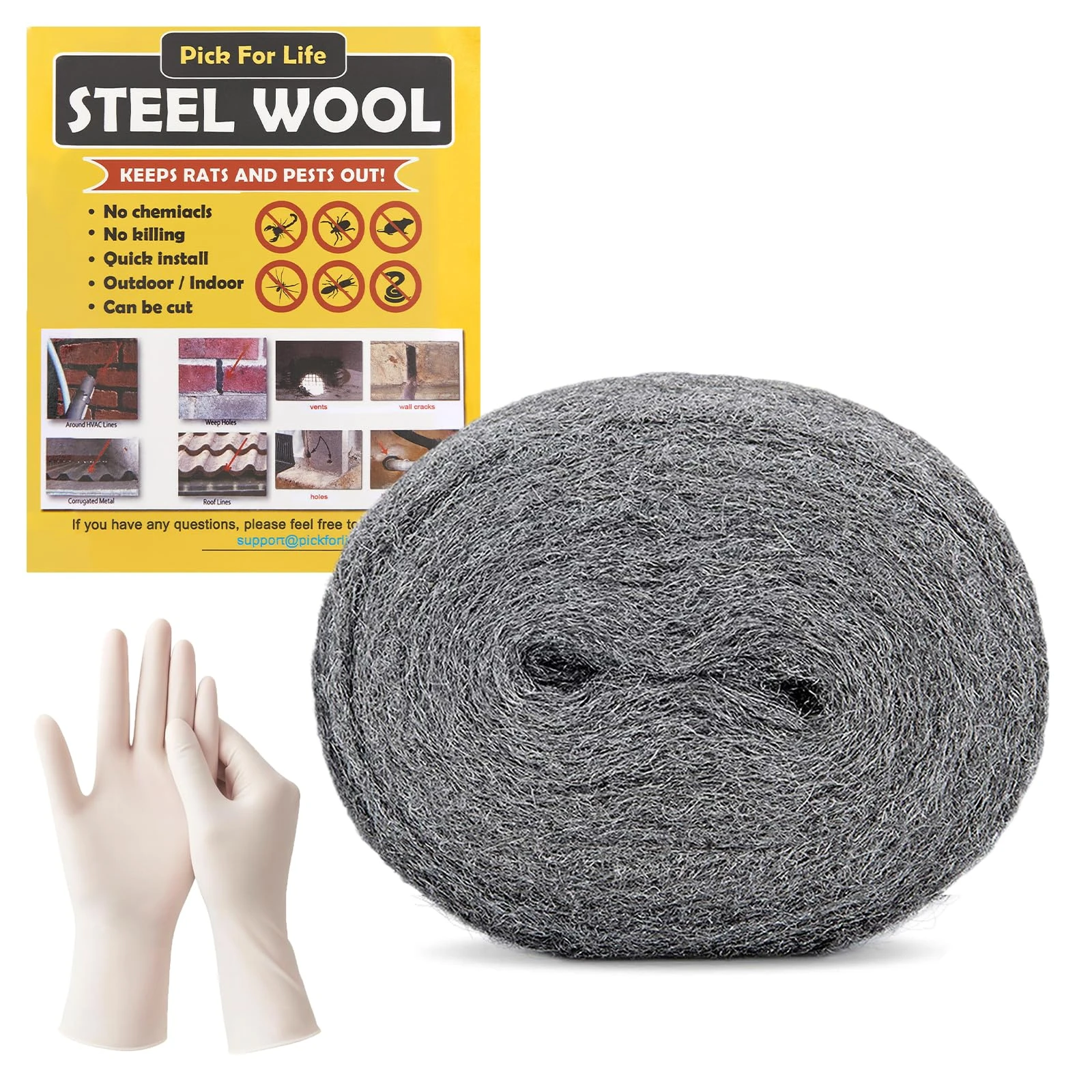 Steel Wool Mice - Coarse Wire Wool Rats Rodent Control Gaps Blocker, Fill Holes Fabric DIY Kit with Work Gloves, Hardware Cloth, Used to Block Mice, Insect, Pest (3m/ Pack) x 1