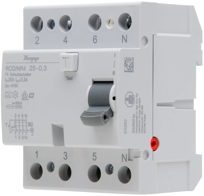 Kopp NR 25A 300mA 4p Residual Current Circuit Breaker, RCD, 25 A, 300 mA, 4-Pole, 752543097, 25A/300mA