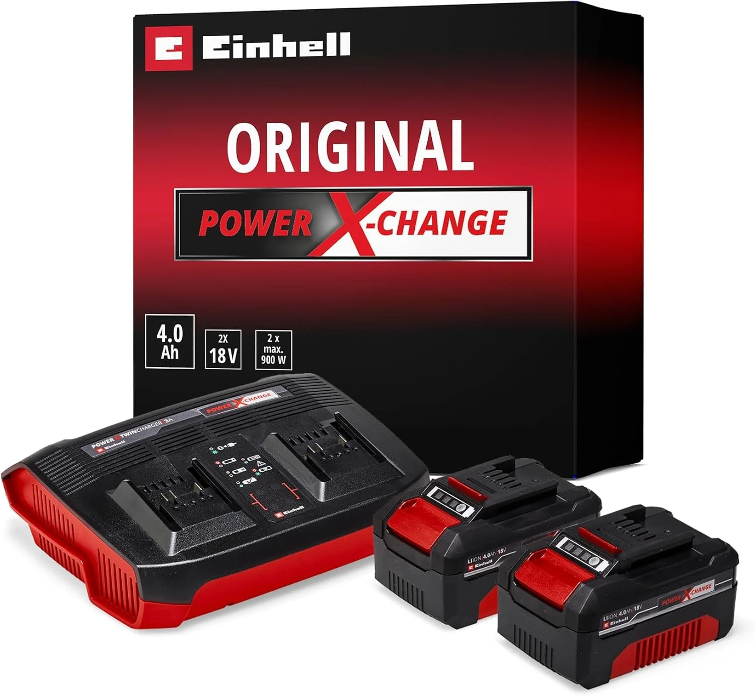 Einhell Power X-Change 18V, 4.0Ah Lithium-Ion Battery Twin Charger Starter Kit - 2 x 4.0Ah Batteries and Twincharger Set - Universally Compatible With All Einhell PXC Power Tools And Garden Machines