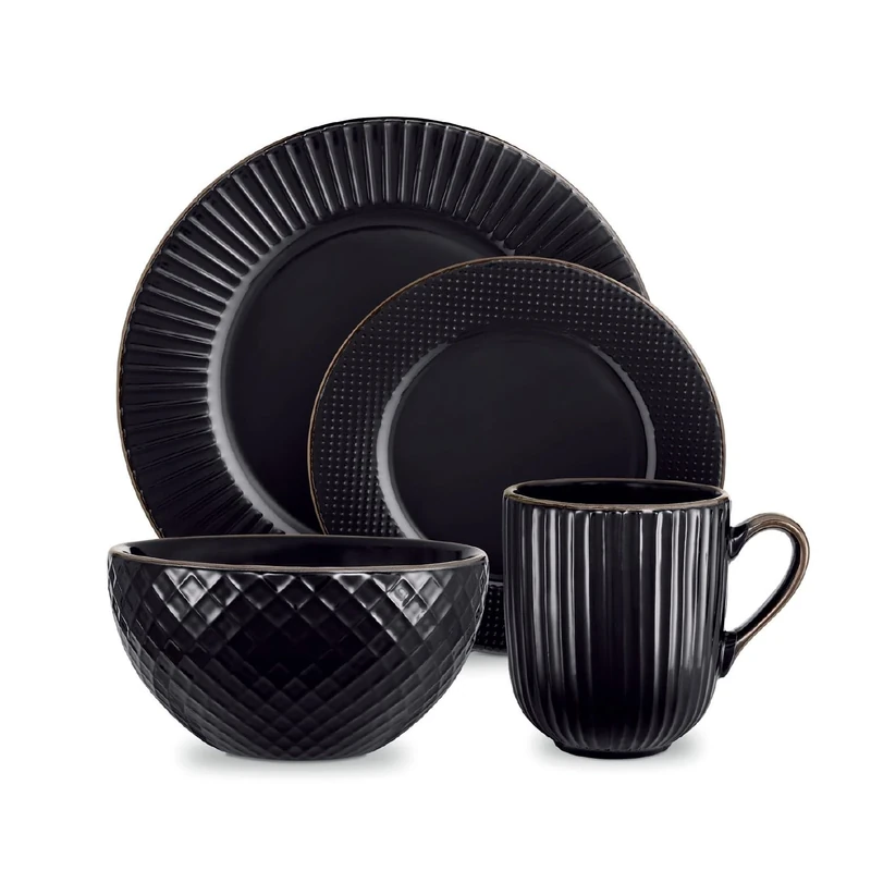Tower Empire 16 Piece Dinnerware Set, Stoneware, Black & Brass