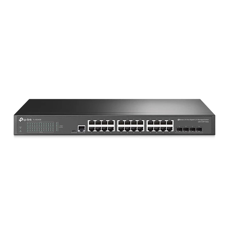 TP-Link SG3428 24-Port Gigabit L2+ Managed Switch, 24× RJ45 + 4× SFP Network Switch, 56 Gbps Ethernet Spliter, VLAN/QoS/ACL, Fanless, Static Routing, Omada Centralized Cloud Management, Metal Case