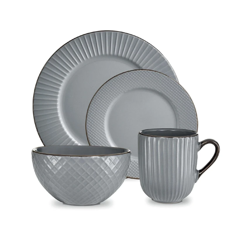 Tower Empire 16 Piece Dinnerware Set, Stoneware, Grey and Brass