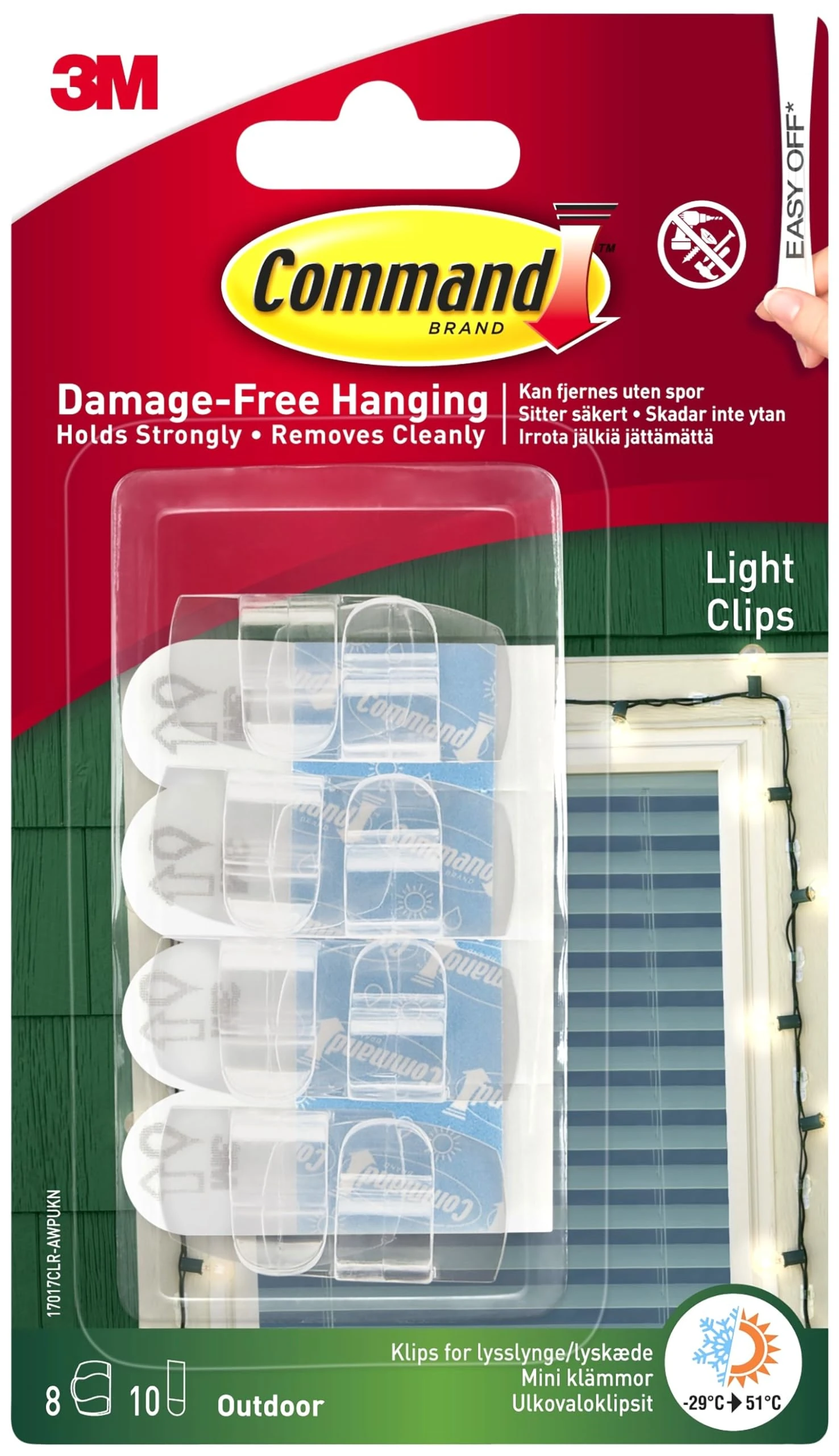 Command Clear Outdoor Light Clips with Adhesive Strips - 8 Mini Hooks and 10 Small Adhesive Strips - Decoration clips for Hanging Lights Outdoors - Damage Free Hanging