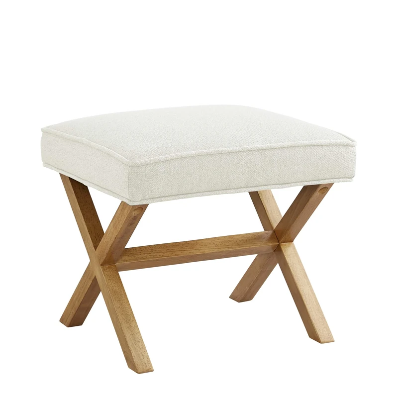 Amazon Basics Modern Padded Upholstered Square Ottoman, Stool, Entryway, Hallyway, Living Room, Linen, Solid Wood, Ivory, 45.7 x 50.8 x 45.7 cm