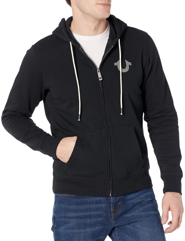 True Religion Men's Logo Buddha Zip Hoody, Black, L