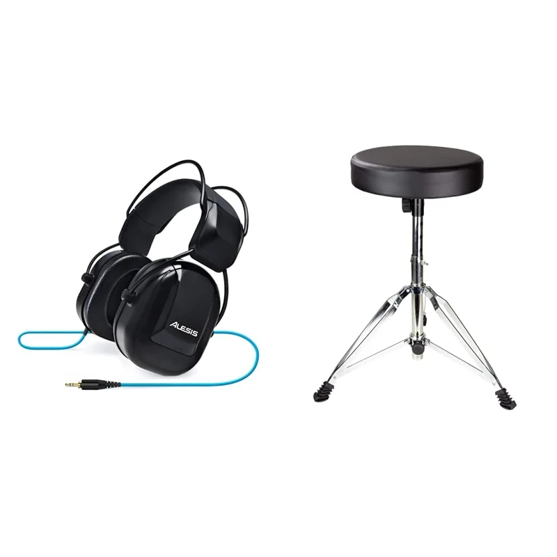 Alesis DRP100 - Over-Ear Reference Headphones Built for Professional Electronic Drum Monitoring and Superior Audio Isolation & RockJAM DP-001 Adjustable Drum Stool Drum Throne with Padded Seat