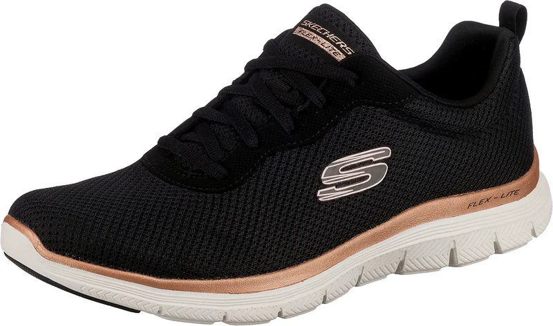 Skechers Women's Flex Appeal 4.0 Brilliant View Sneaker, Black Mesh Rose Gold Trim, 8 UK