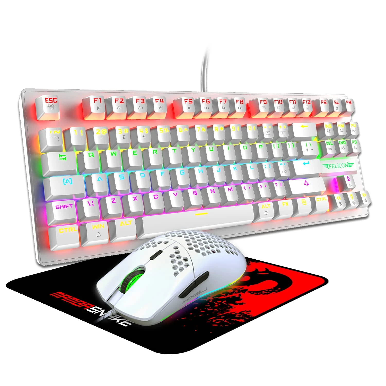 FELiCON RK2 Mechanical Gaming Keyboard Mouse Combo, TKL 80% Percent UK Layout RGB Light Up Tenkeyless Keyboard+6400 DPI Ultra-Light Honeycomb PC Gaming Mice+Mouse Pad for PC PS4 Xbox-Blue Switch/White