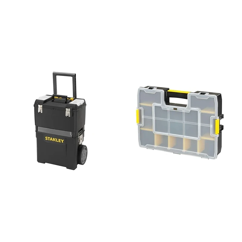 Stanley Mobile Work Centre Toolbox, 2 Tier Stackable Units, 1-93-968 & Professional Organiser, Tool Box, Tool Organiser, Sort Master Seal Tight STA194745