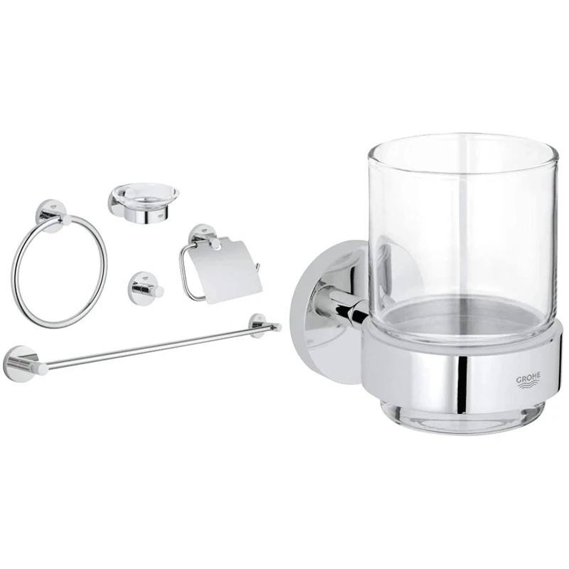 Grohe 40344001 Essentials Accessory Set (German Import) + GROHE 40447001 Essentials Glass Frame with Silver, Chrome