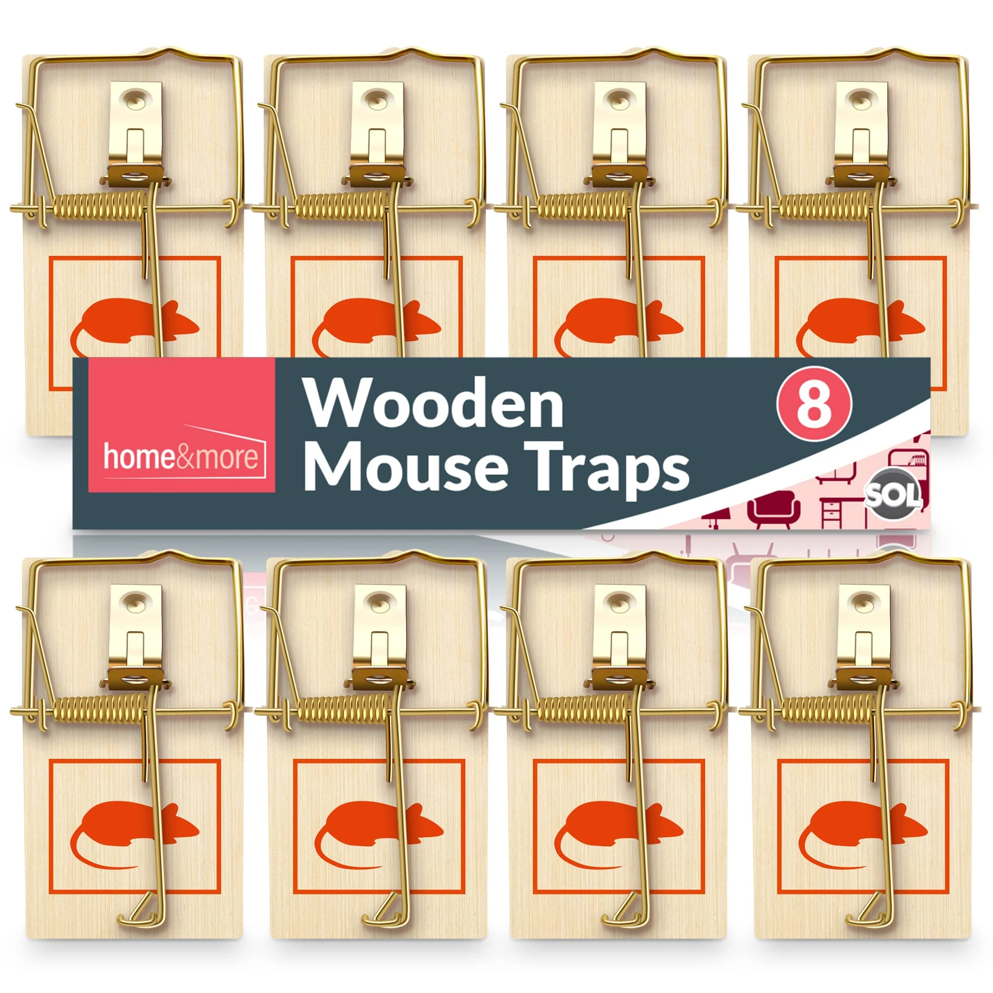 SOL 8pk Wooden Mouse Traps, Durable Reusable Snap Traps for Mice and Mousetrap Rodent Control. Effective for Indoor Use in Homes and Offices, Designed for Reliable and a Pest-Free Environment