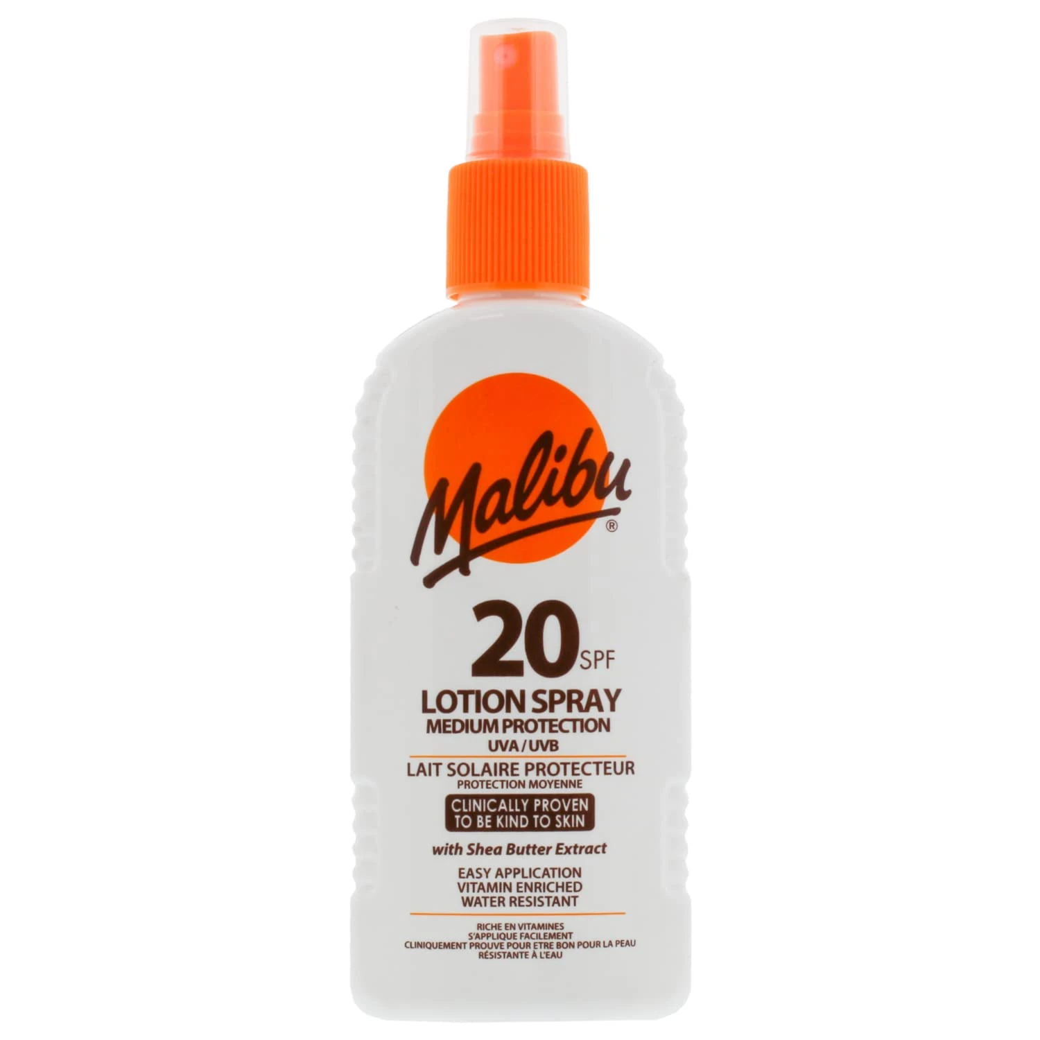 Malibu Sun SPF 20 Lotion Spray, Medium Protection Sun Cream, Water Resistant, Vitamin Enriched, with Shea Butter Extract, 200ml