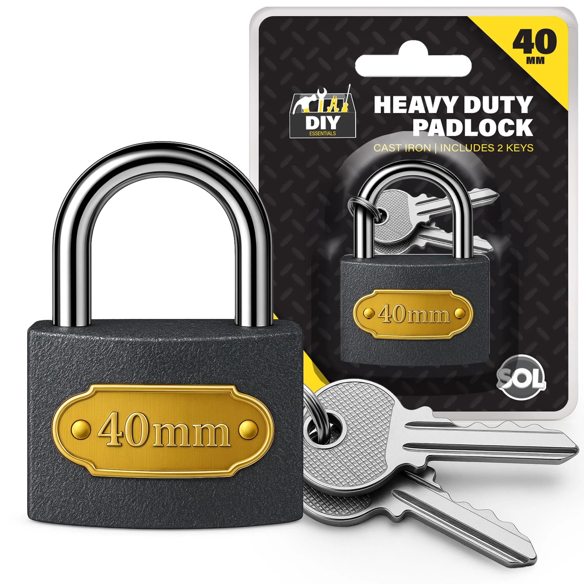 SOL 2pk Heavy Duty Padlocks with Keys – 40mm Outdoor Security Locks with Hardened Steel Shackles – Weather-Resistant Design – Ideal for Shed, Fence, Gate, Toolbox, Storage or Garage Use