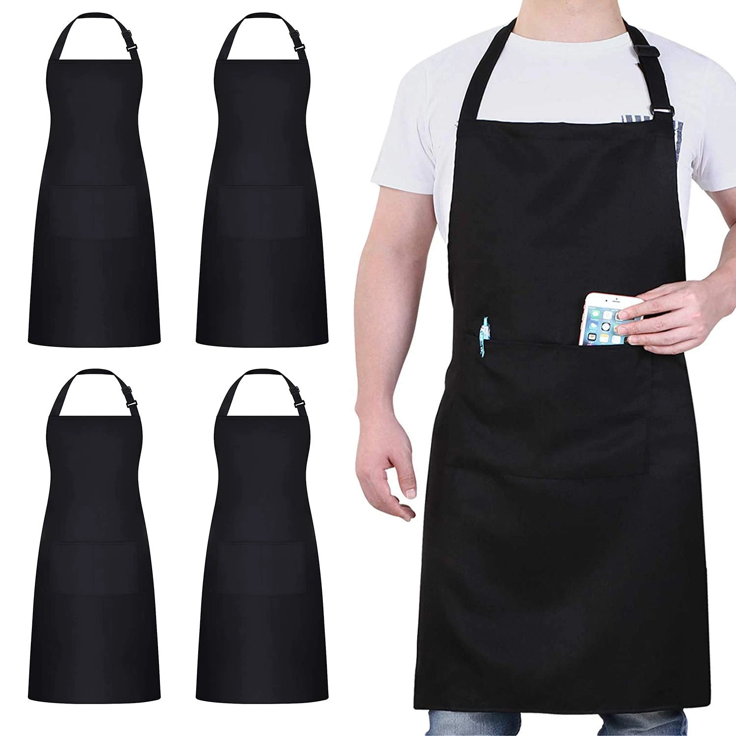 atopo 4 Packs Chef Apron, Waterproof Catering Apron with 2 Pockets, Adjustable Work Aprons Perfect for Kitchen Cooking Painting Gardening Cleaning Restaurant BBQ, Personalised Aprons (Black)