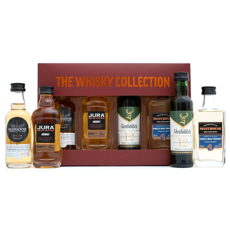 Whisky Gift Set - Single Malt Whiskey Gift Sets for Men, Glengoyne, Glenfiddich, Jura, Masthouse, 4x 5cl Alcohol Miniatures - Mini Whiskey Tasting Set, Mens Gifts, Birthday, Boyfriend, Dad, Valentines