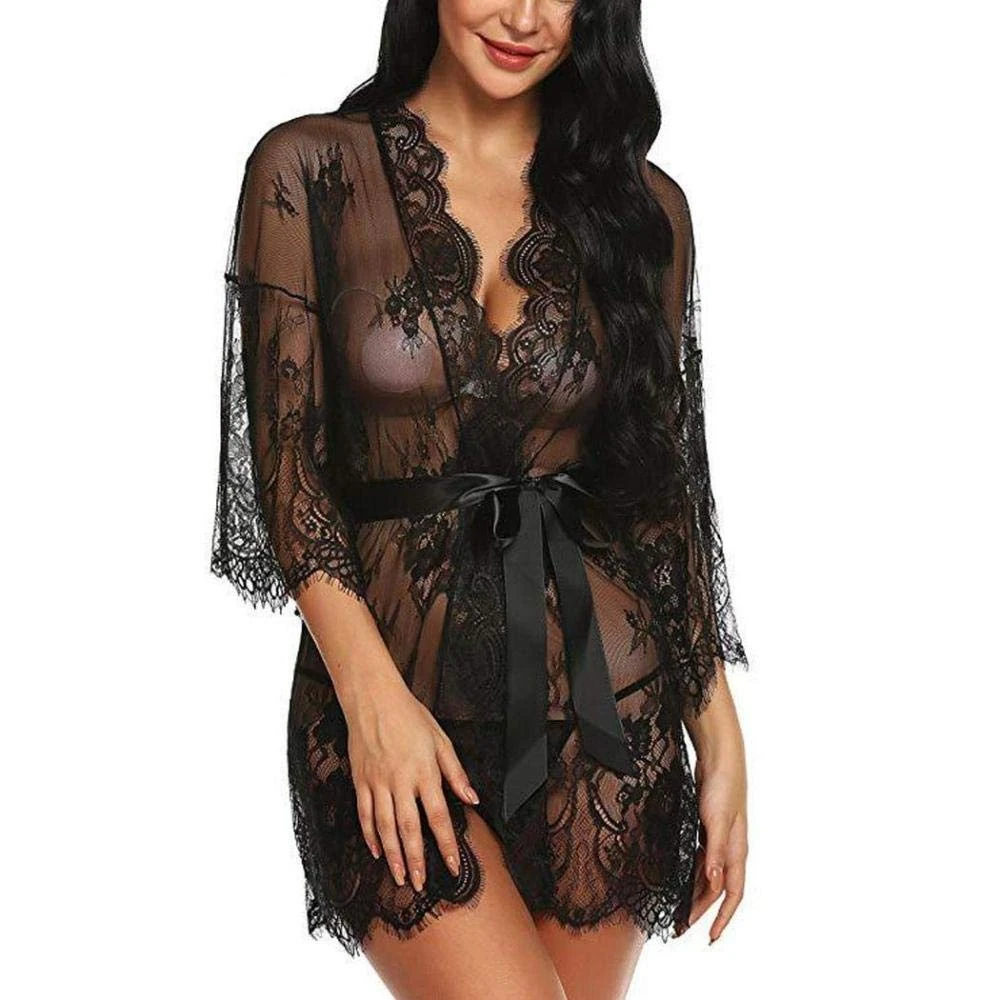 Women's Lingerie Sets Women's Baby Dolls Women Babydoll Sexy Lingerie Kimono Bathrobe with Belt Perspective Lace Erotic Sleepwear Female See-Through Temptation Nightgown-Black_M