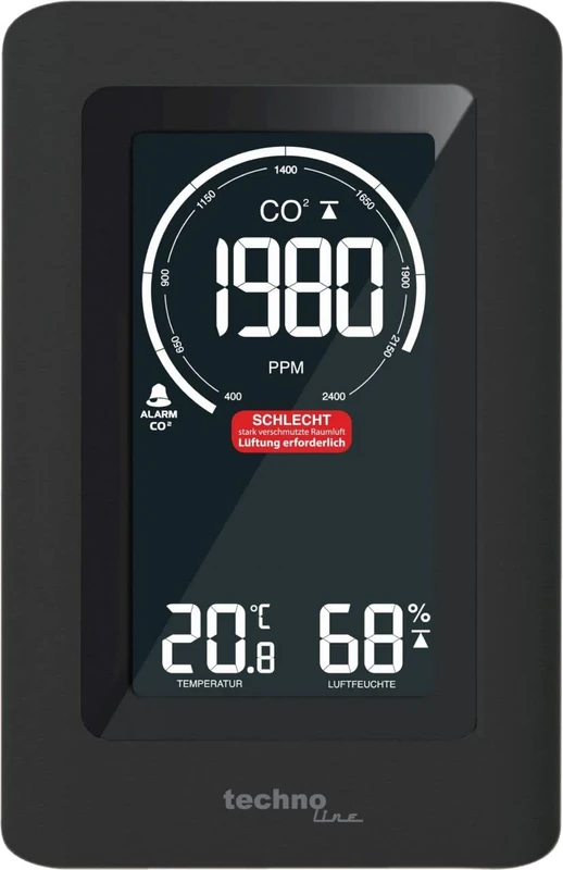 Technoline Co2 Meter WL1030, CO2 Display, with Graphic, Coloured Ventilation Recommendations (Green, Yellow, Red), NDIR Sensor, Black