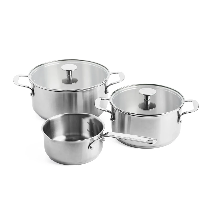 KitchenAid Stainless Steel 3-Layer Non-Stick 5 Piece Cookware Pots and Pans Set, Includes Saucepan and Casseroles, Tempered Glass Lids, Multi Clad, Induction, Oven Safe up to 220°C, Silver