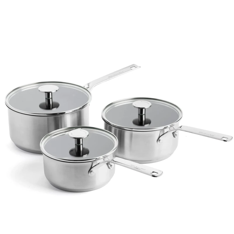 KitchenAid Stainless Steel 3-Layer Non-Stick 16 cm, 18 cm & 20 cm Saucepan Set, Tempered Glass Lids, Multi Clad, Induction, Oven Safe up to 220°C, Silver