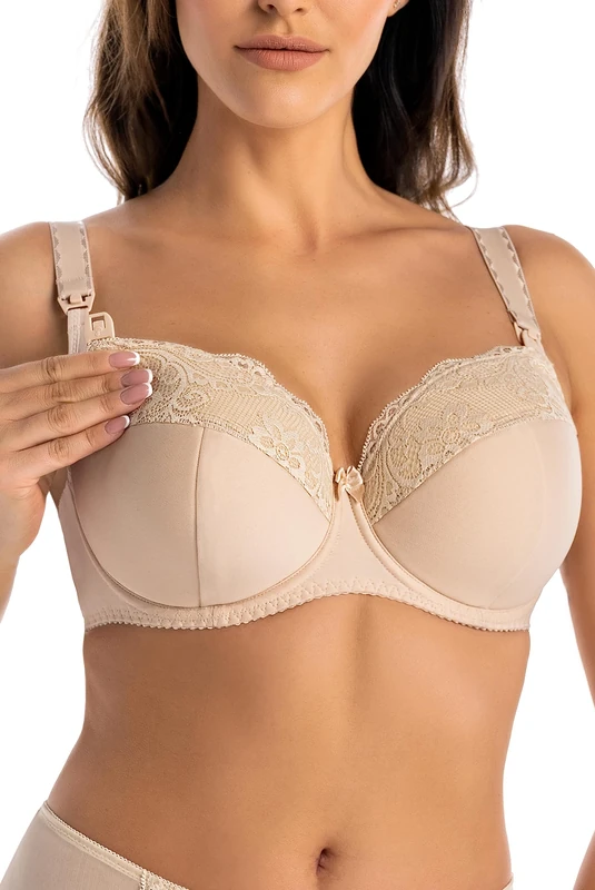 Teyli Women’s Nursing Bra – Underwired Maternity & Breastfeeding Bra with Lace - Full Coverage Supportive Comfortable Nursing Lingerie Beige 38G
