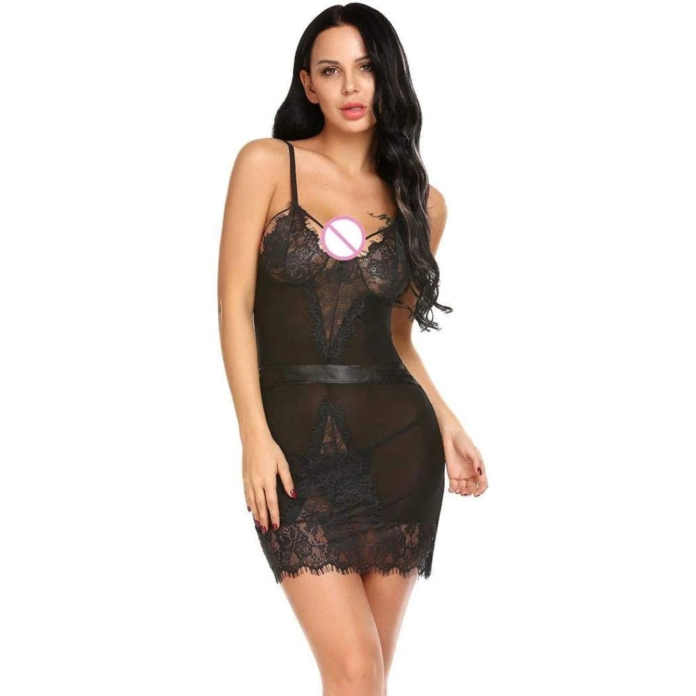 Women's Erotic Baby Dolls Women's Erotic Costumes Sleepwear Sexy Lingerie Nightwear Backless Lingerie V-Neck Lace Sexy Nightgown Babydoll Women Trim Home Wear-Black_M