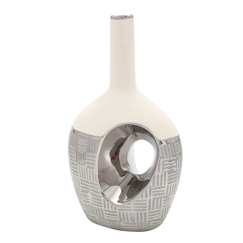 Dekohelden24 Elegant Designer Ceramic Oval Hole and Long Neck Rough White, Silver Grey, Vase mit langem Hals