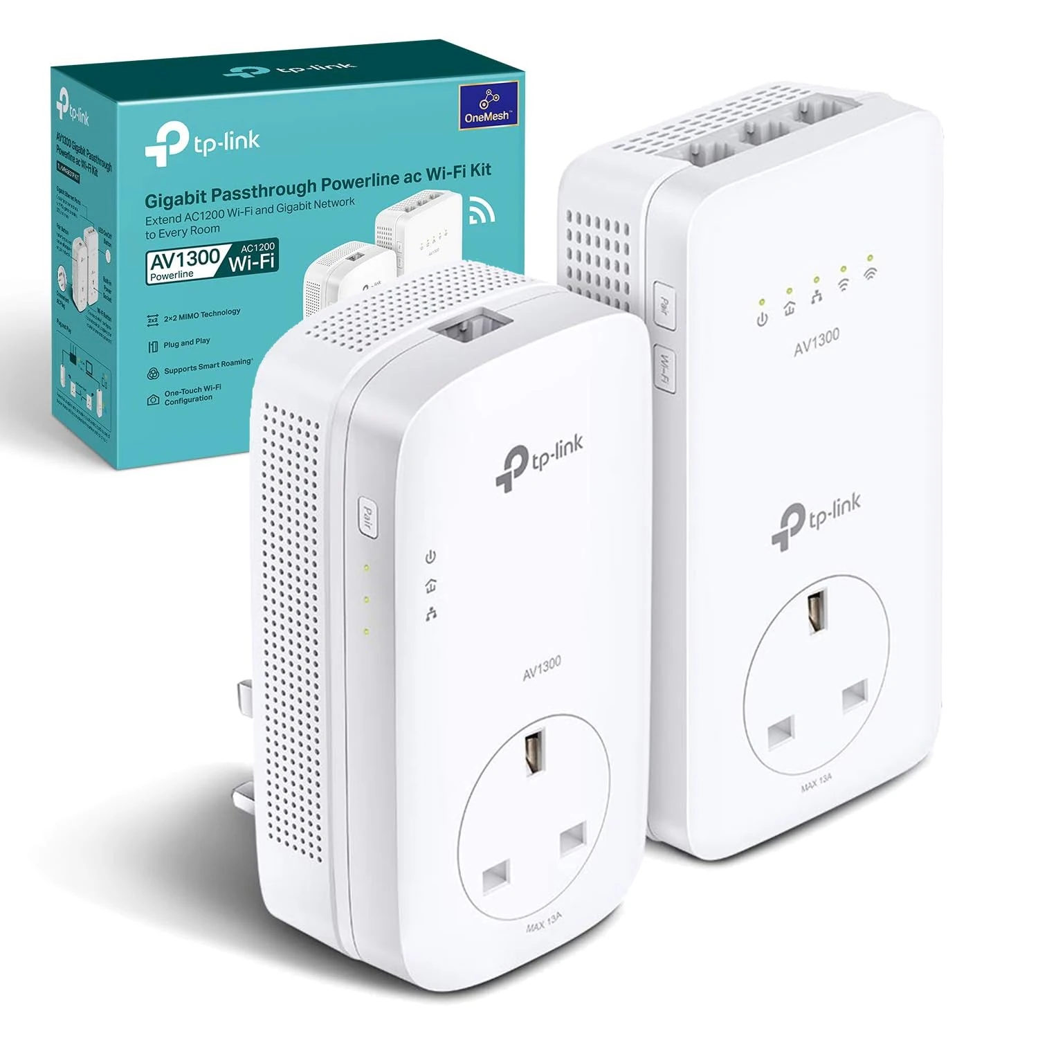 TP-Link TL-WPA8631P KIT AV1300 Gigabit Passthrough Powerline Adapter, Dual-Band WiFi Extender, up to 1300Mbps Speed, Internet Booster, Extra Power Socket, Works with OneMesh, No Configuration Required