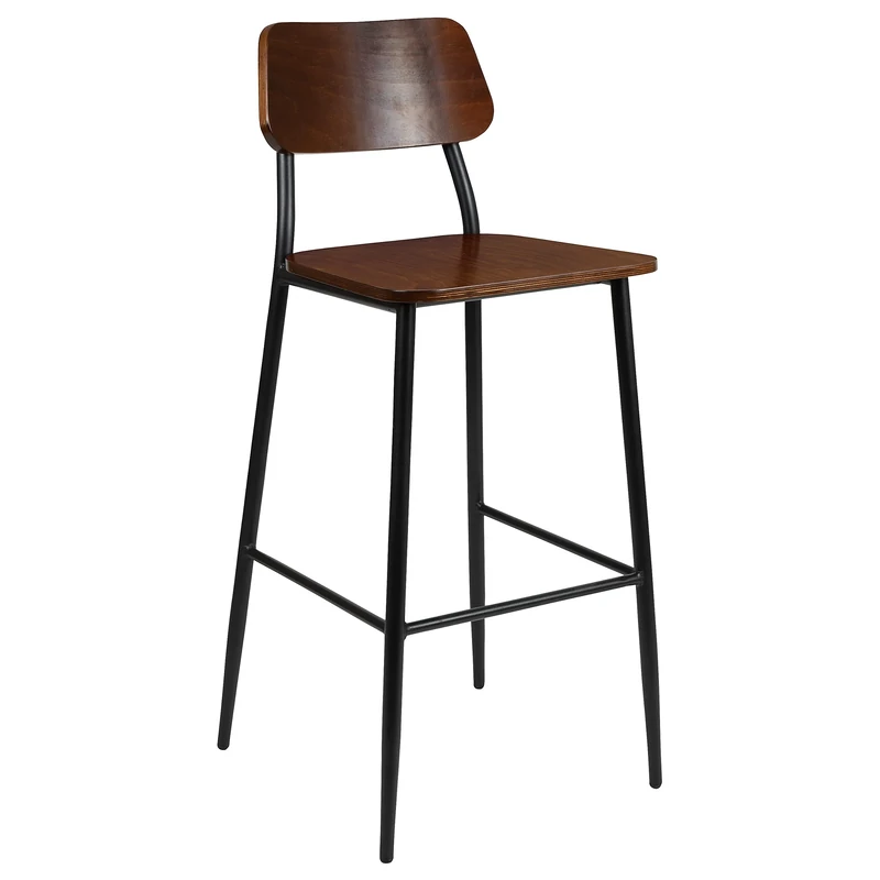 Flash Furniture Lincoln Industrial Barstool with Gunmetal Steel Frame and Rustic Wood Seat, Mahogany