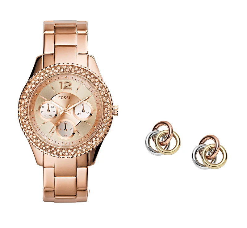 Fossil Women's ES3590 Rose Gold Watch and Tri-Tone Studs Set