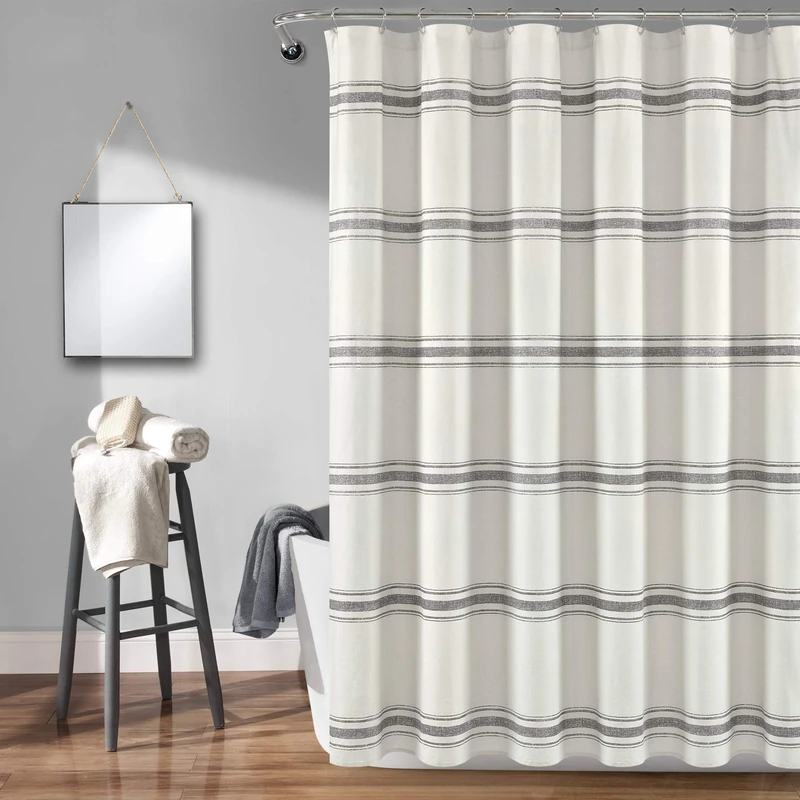 Lush Decor Farmhouse Stripe Shower Curtain, Gray, 72 Inches x 72 Inches