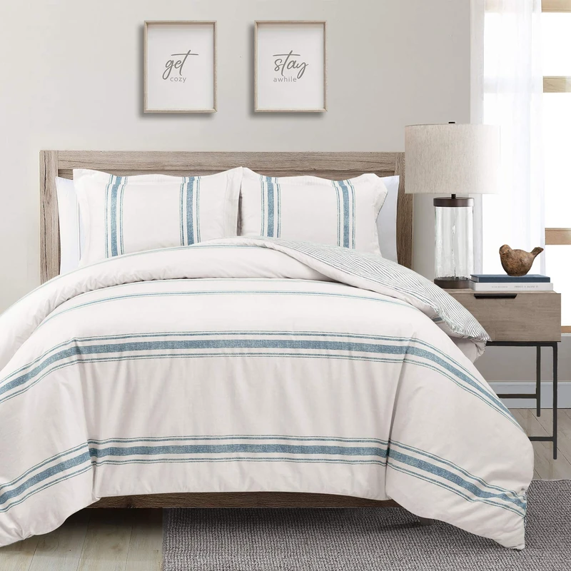 Lush Decor Farmhouse Stripe Cotton Duvet Cover Blue 3Pc Set Full/Queen