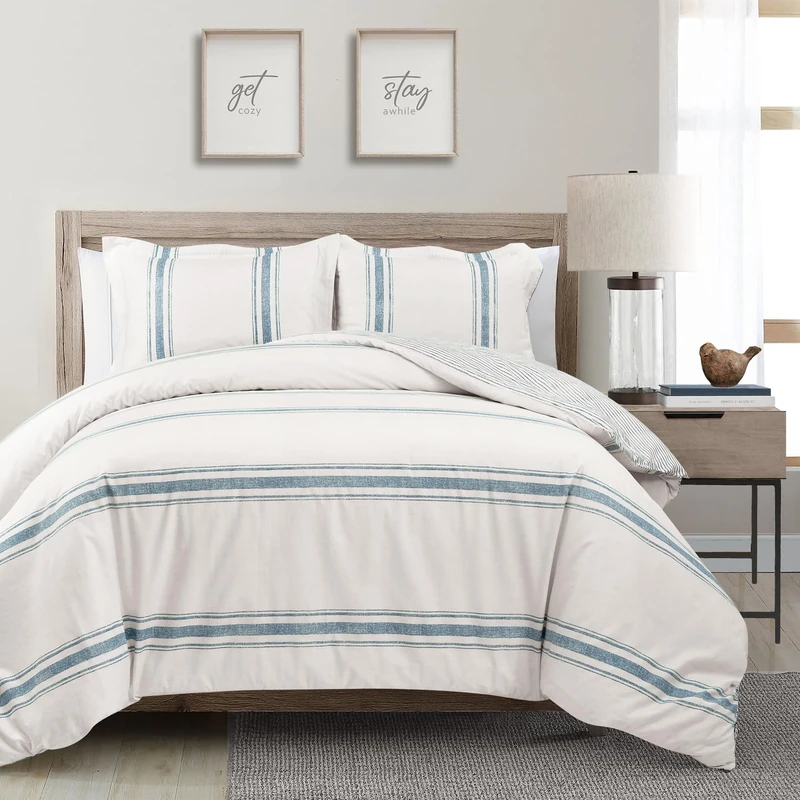 Lush Decor Farmhouse Stripe 3 Piece Duvet Cover Set, King, Blue