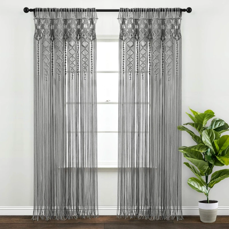Lush Decor Boho Macrame Textured Cotton Window Curtain/Room Divider/Doorway/Wall Decor, 84" L x 40" W, Gray
