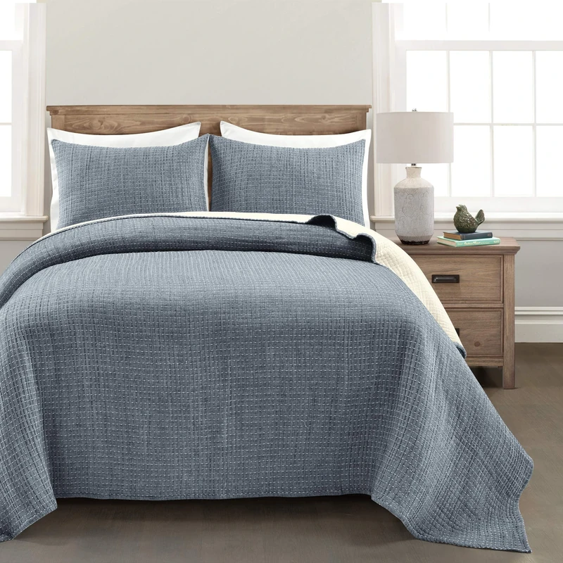 Lush Decor Solid Kantha Pick Stitch Yarn Dyed Cotton Woven 3 Piece Quilt/Coverlet Set, Navy & Off-White, Full/Queen