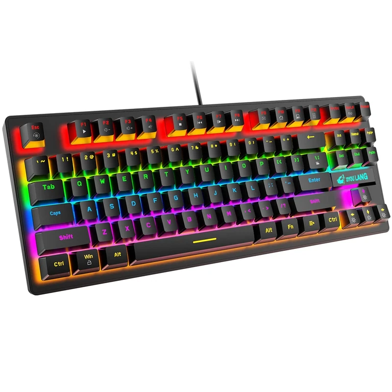 MAMBASNAKE K2 Wired Mini 87 Keys Blue Mechanical Gaming Keyboard with 8 Rainbow Backlit Modes, 12 Multimedia Buttons, 29 Anti-Ghosting Keys for Gamers and Typists-Black