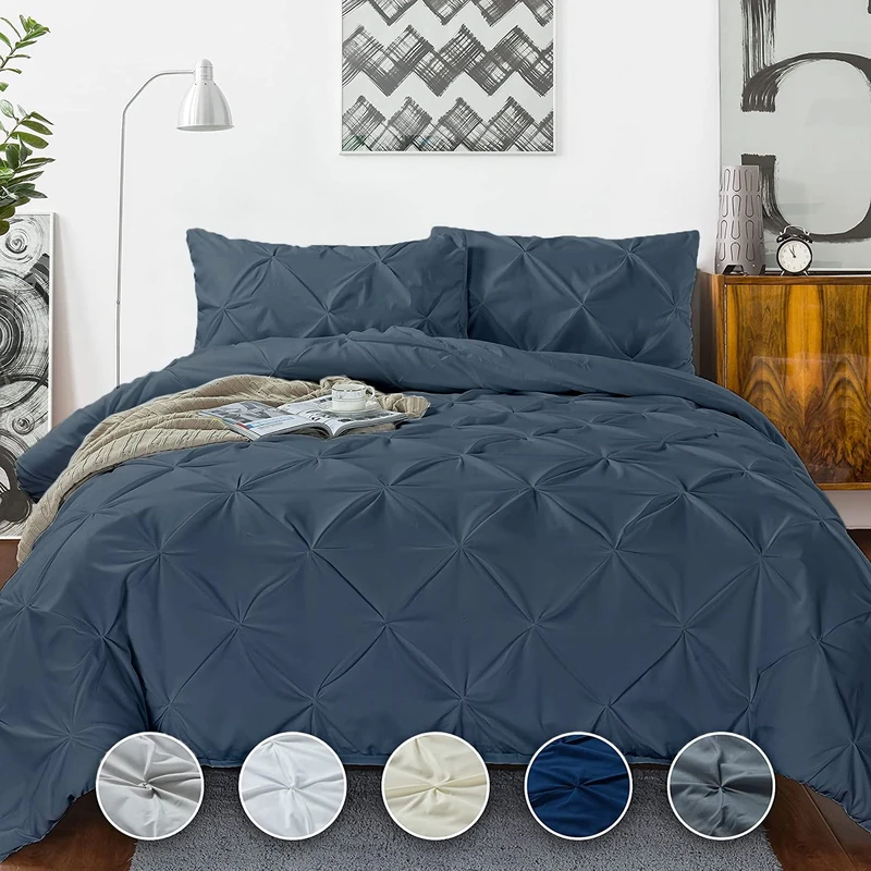 Crown Collection 1000-TC Hypoallergenic Ultra Soft Design 100% Egyptian Cotton Pinch Plated Duvet Cover with Zipper Colser & 2pcs Pillow Case Set (King/Cal-King 94x104, Steal Blue)
