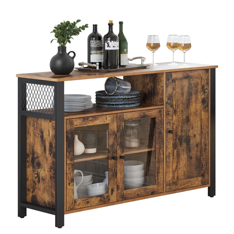 VASAGLE Storage Cabinet, Sideboard, Buffet Table with 3 Doors, for Dining Room, Living Room, Kitchen, 33 x 110 x 75 cm, Industrial Style, Rustic Brown and Ink Black LSC096B01